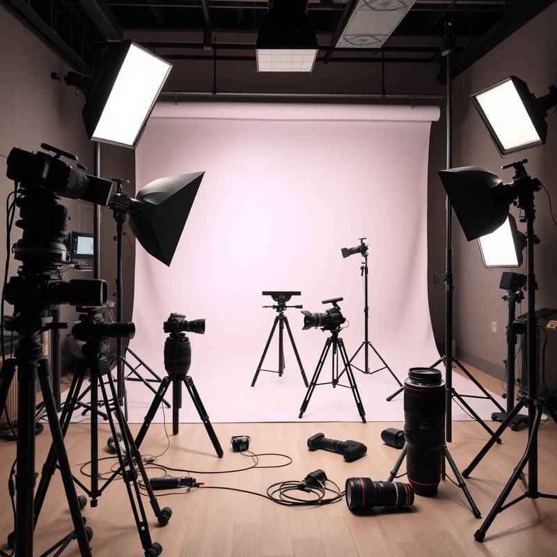 Photography equipment inside the studio: A well-lit photography studio showcasing various cameras, lenses, lighting equipment, and backdrops.
