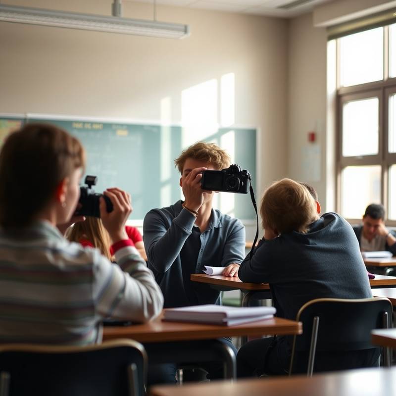 Students learning photography techniques in a classroom